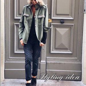 H&M Beaded Olive Military Button Down Shirt